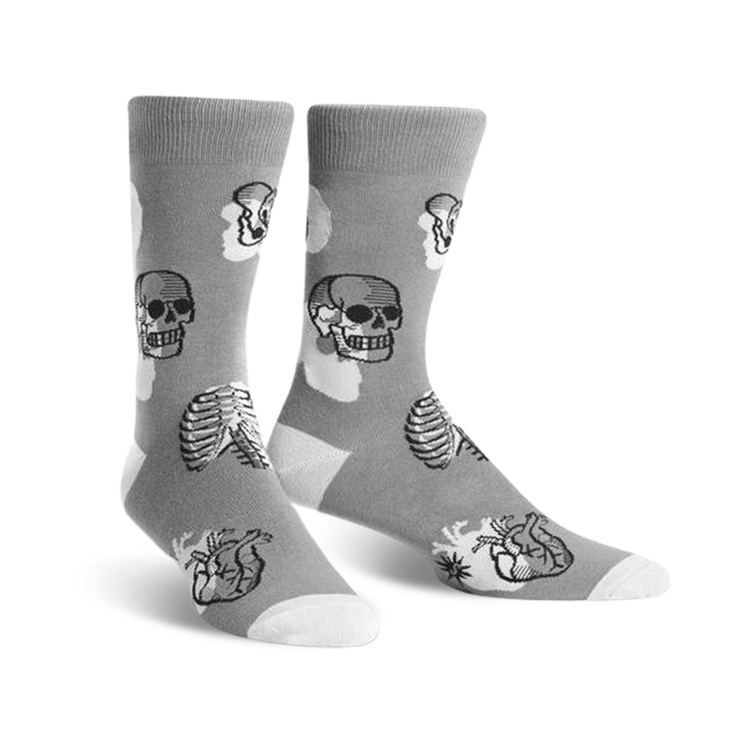 Gray crew socks with a whimsical anatomical print.  Skulls, rib cages, and hearts are featured in a slightly faded, monochrome design.