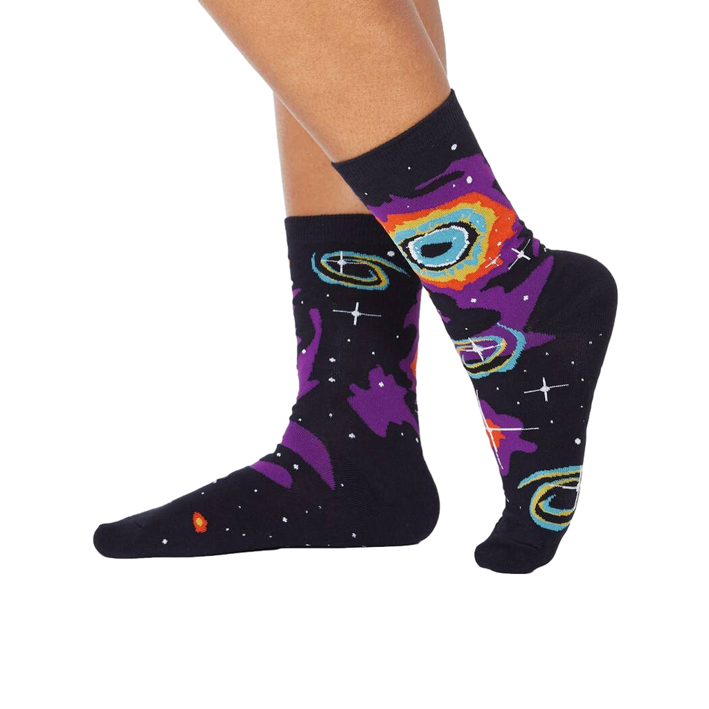 Lifestyle shot showing Helix Nebula socks on a person's legs.