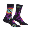 Crew socks in black with a purple, orange, and yellow nebula pattern and white stars.