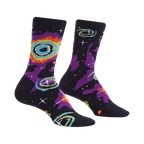 Crew socks in black with a purple, orange, and yellow nebula pattern and white stars.