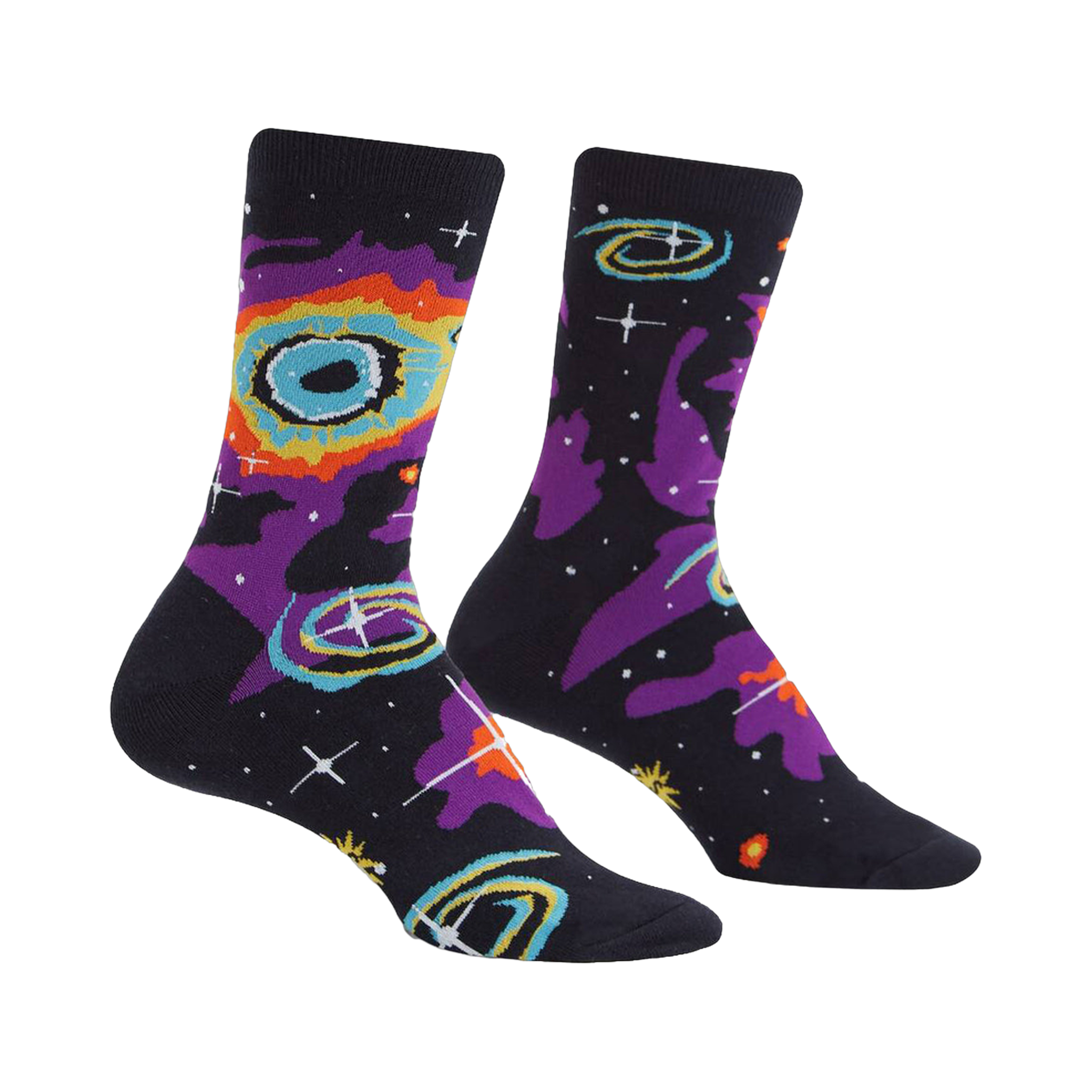 Crew socks in black with a purple, orange, and yellow nebula pattern and white stars.