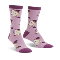 Lavender crew socks with a pattern of smiling toast wearing witch hats and holding broomsticks. 