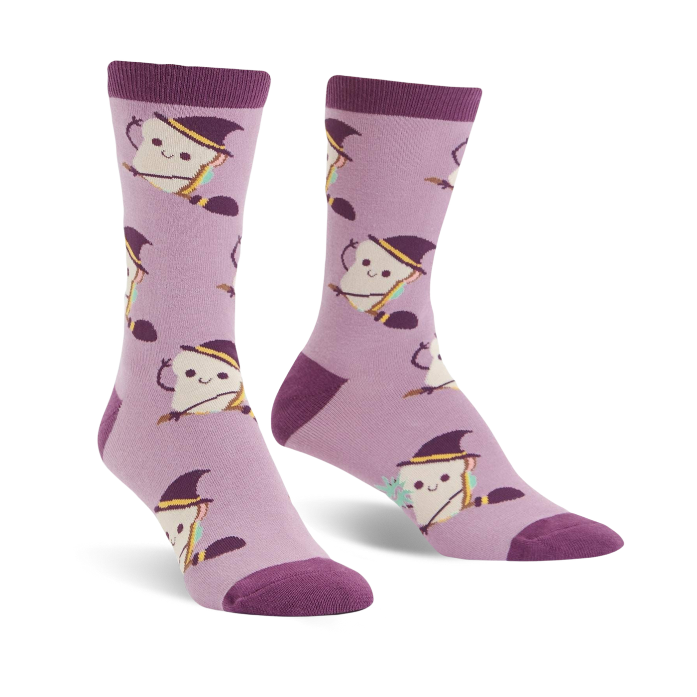 Lavender crew socks with a pattern of smiling toast wearing witch hats and holding broomsticks. 