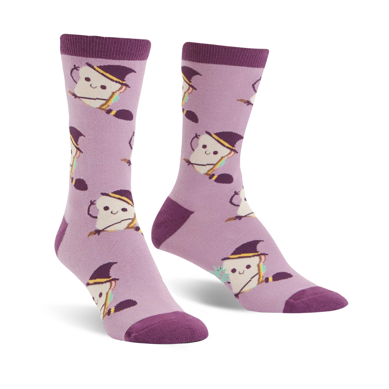 Lavender crew socks with a pattern of smiling toast wearing witch hats and holding broomsticks. 
