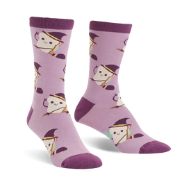 purple crew socks featuring an all-over pattern of cartoonish slices of bread wearing witch hats and holding broomsticks.   