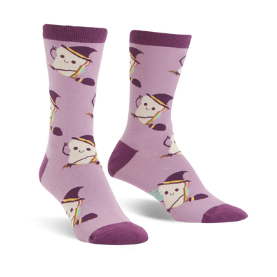 purple crew socks featuring an all-over pattern of cartoonish slices of bread wearing witch hats and holding broomsticks.   