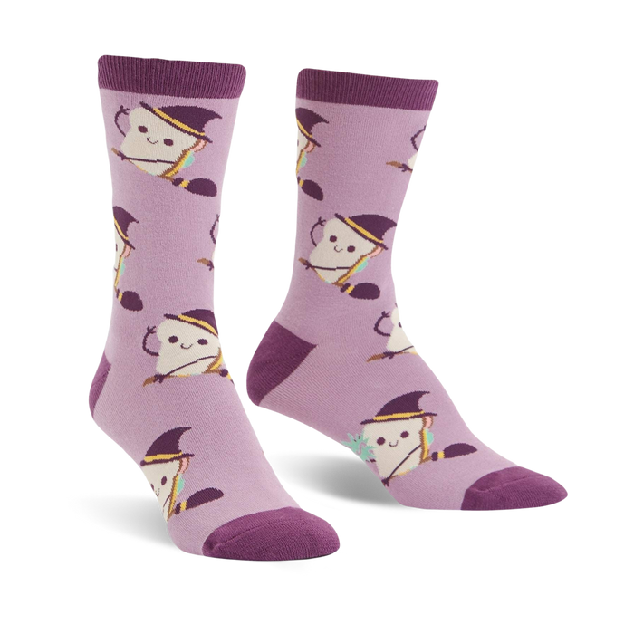 purple crew socks featuring an all-over pattern of cartoonish slices of bread wearing witch hats and holding broomsticks.    }}