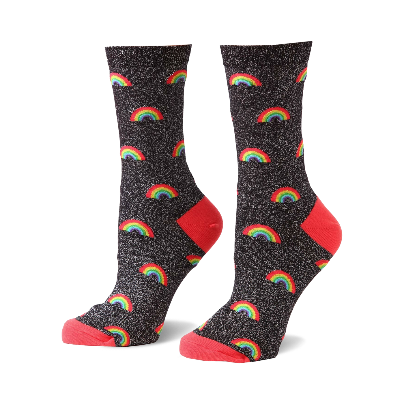 Crew socks in black glitter with multicolored rainbow pattern and coral heel and toe.
