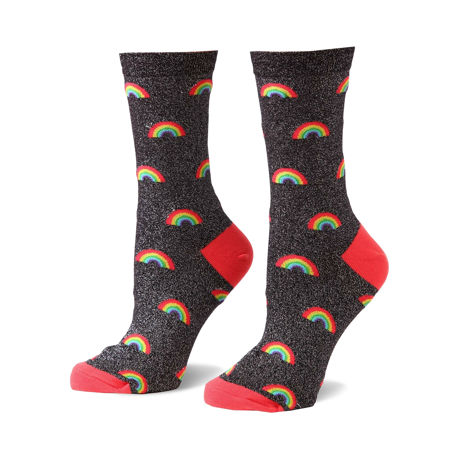 Crew socks in black glitter with multicolored rainbow pattern and coral heel and toe.