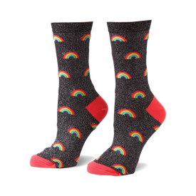 black crew socks for women adorned with a pattern of glittery rainbows.   