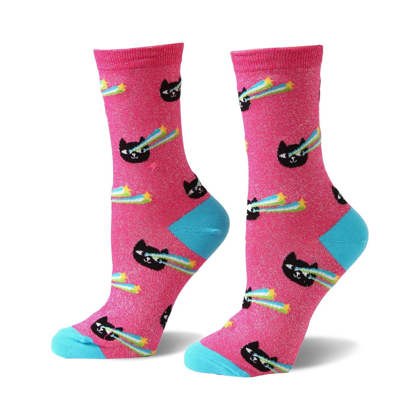 Pair of women's crew socks. Pink background with black cats shooting rainbow lasers and yellow stars. Light blue cuffs.