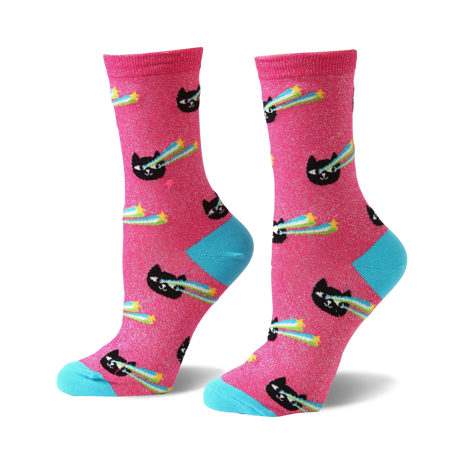 Pair of women's crew socks. Pink background with black cats shooting rainbow lasers and yellow stars. Light blue cuffs.