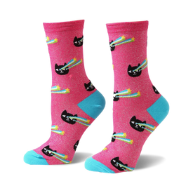 black cats with 3d glasses blasting rainbow lasers. crew length, pink socks with blue toes and heels made for women.  