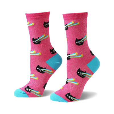 black cats with 3d glasses blasting rainbow lasers. crew length, pink socks with blue toes and heels made for women.  