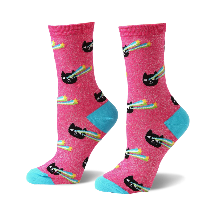 black cats with 3d glasses blasting rainbow lasers. crew length, pink socks with blue toes and heels made for women.   }}