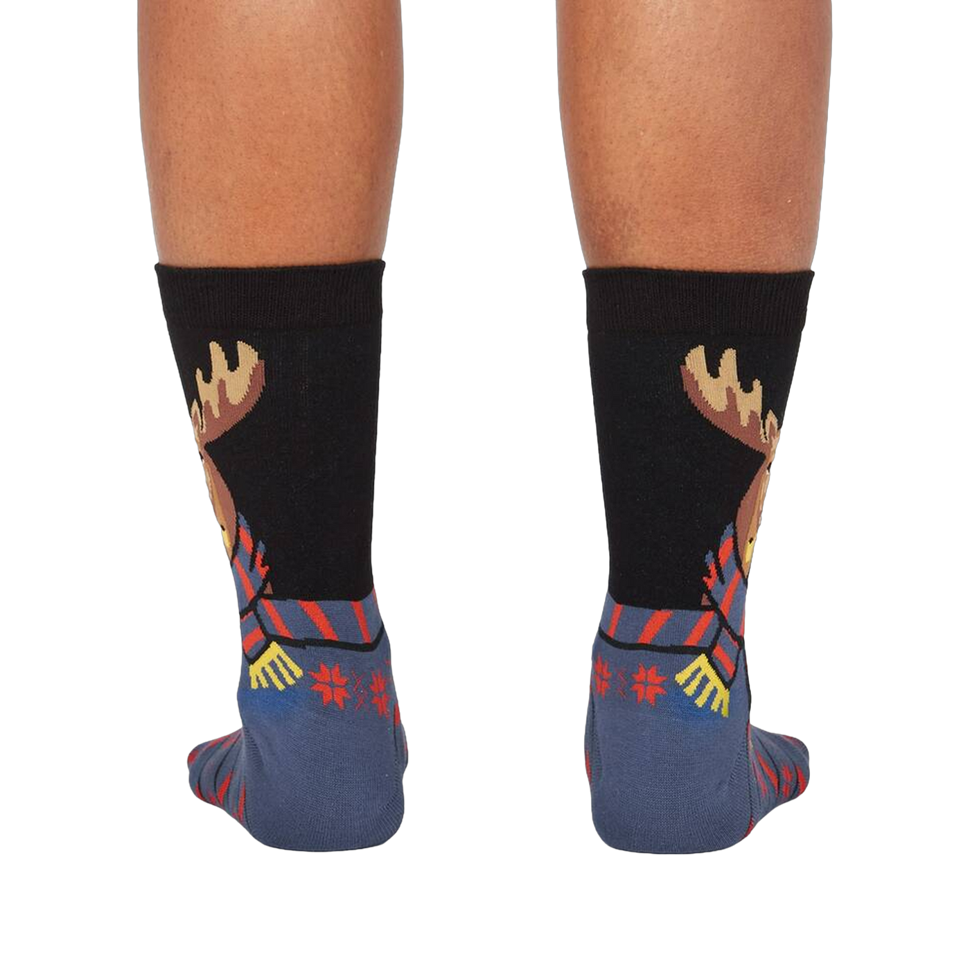Back view of the 'All Bundled Up' socks on a model.  Shows the full moose design and snowflake pattern on the back of the socks.