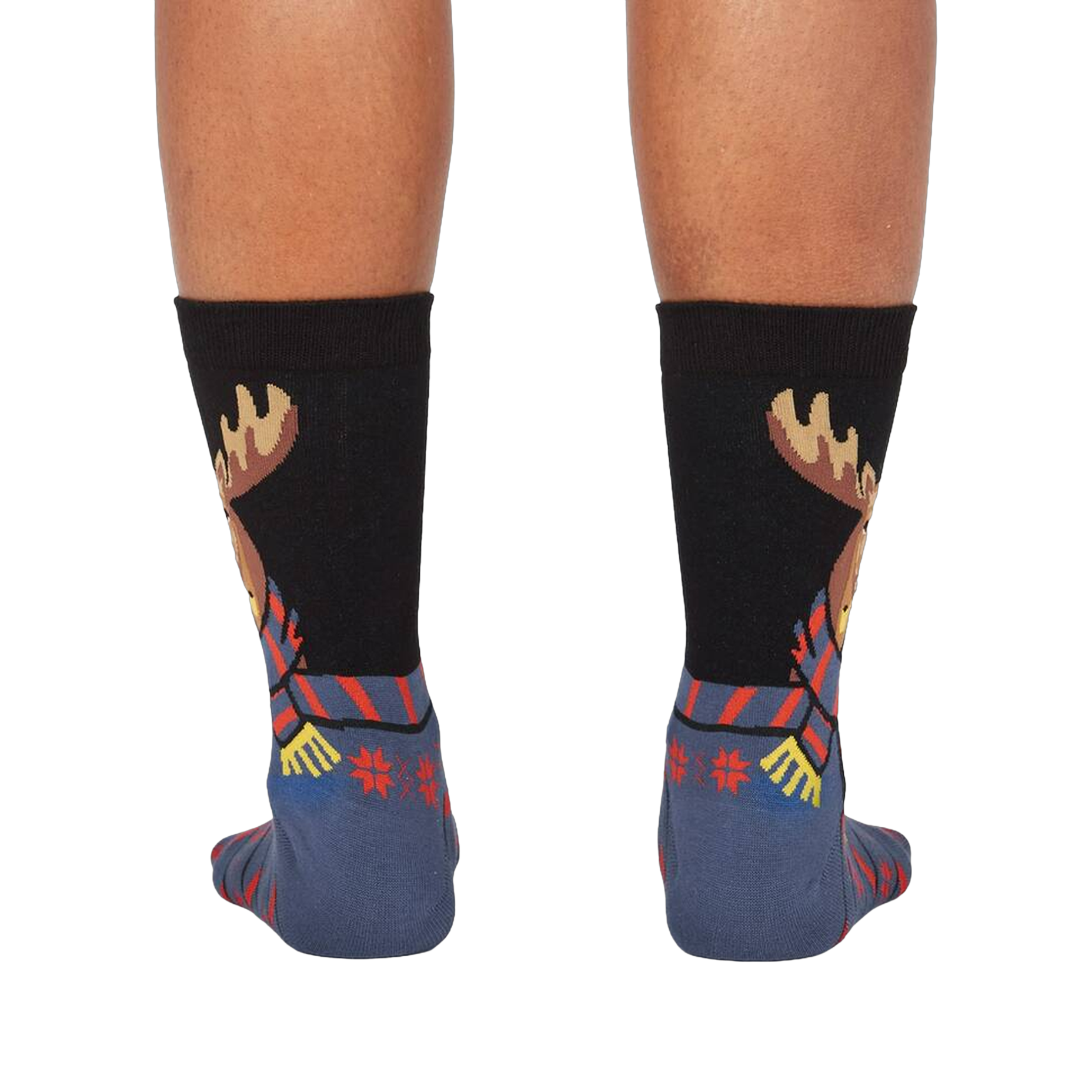 Back view of the 'All Bundled Up' socks on a model.  Shows the full moose design and snowflake pattern on the back of the socks.