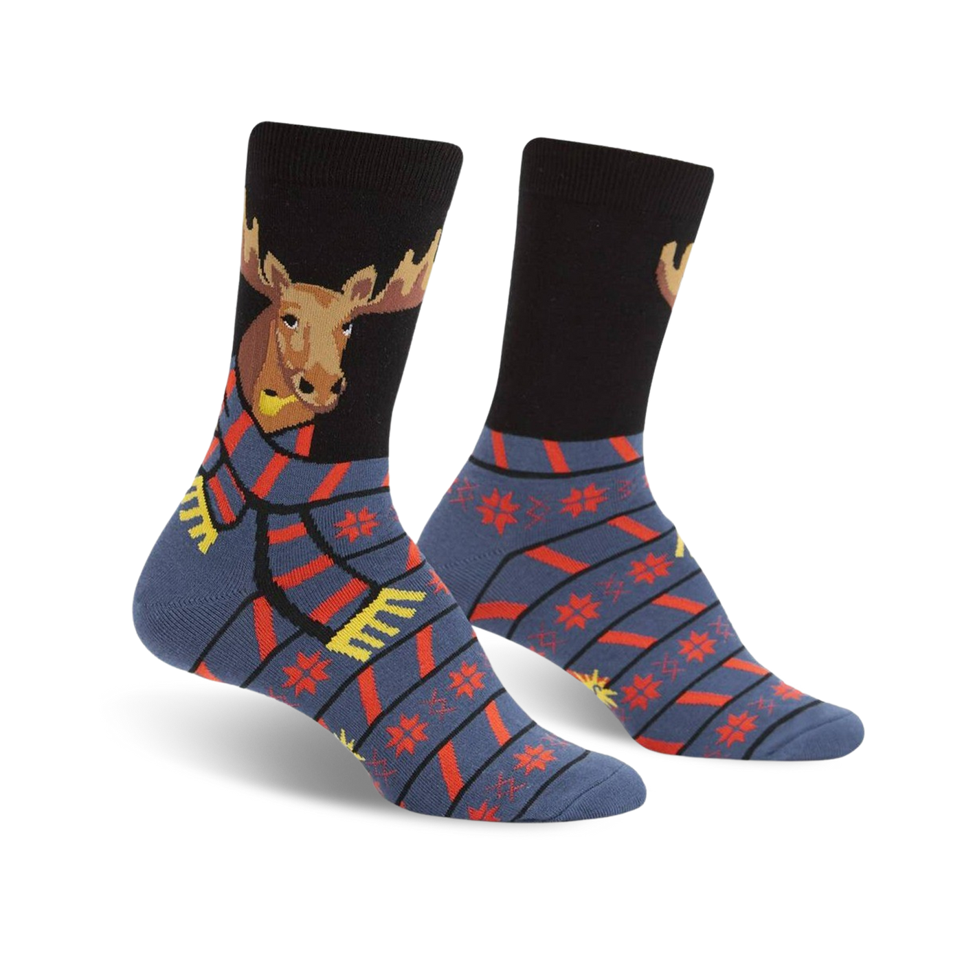 A pair of crew socks showcasing a moose wearing a scarf. The socks are predominantly black and blue with red and yellow accents. A snowflake pattern adorns the lower portion.
