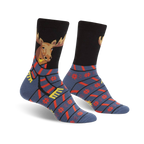 A pair of crew socks showcasing a moose wearing a scarf. The socks are predominantly black and blue with red and yellow accents. A snowflake pattern adorns the lower portion.