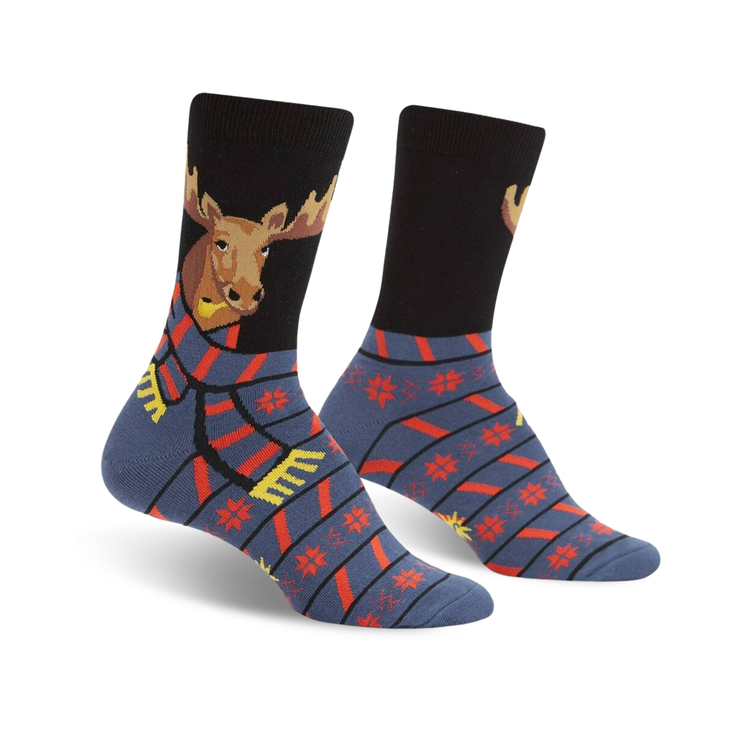 A pair of crew socks showcasing a moose wearing a scarf. The socks are predominantly black and blue with red and yellow accents. A snowflake pattern adorns the lower portion.