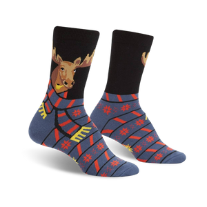 women's all bundled up crew socks feature a blue snowflake and red stripe pattern with a cartoon moose wearing a scarf.   