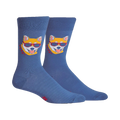 Pair of denim blue crew socks. Each sock features a graphic of a Shiba Inu dog wearing sunglasses, with small 'YEAH' text next to it.