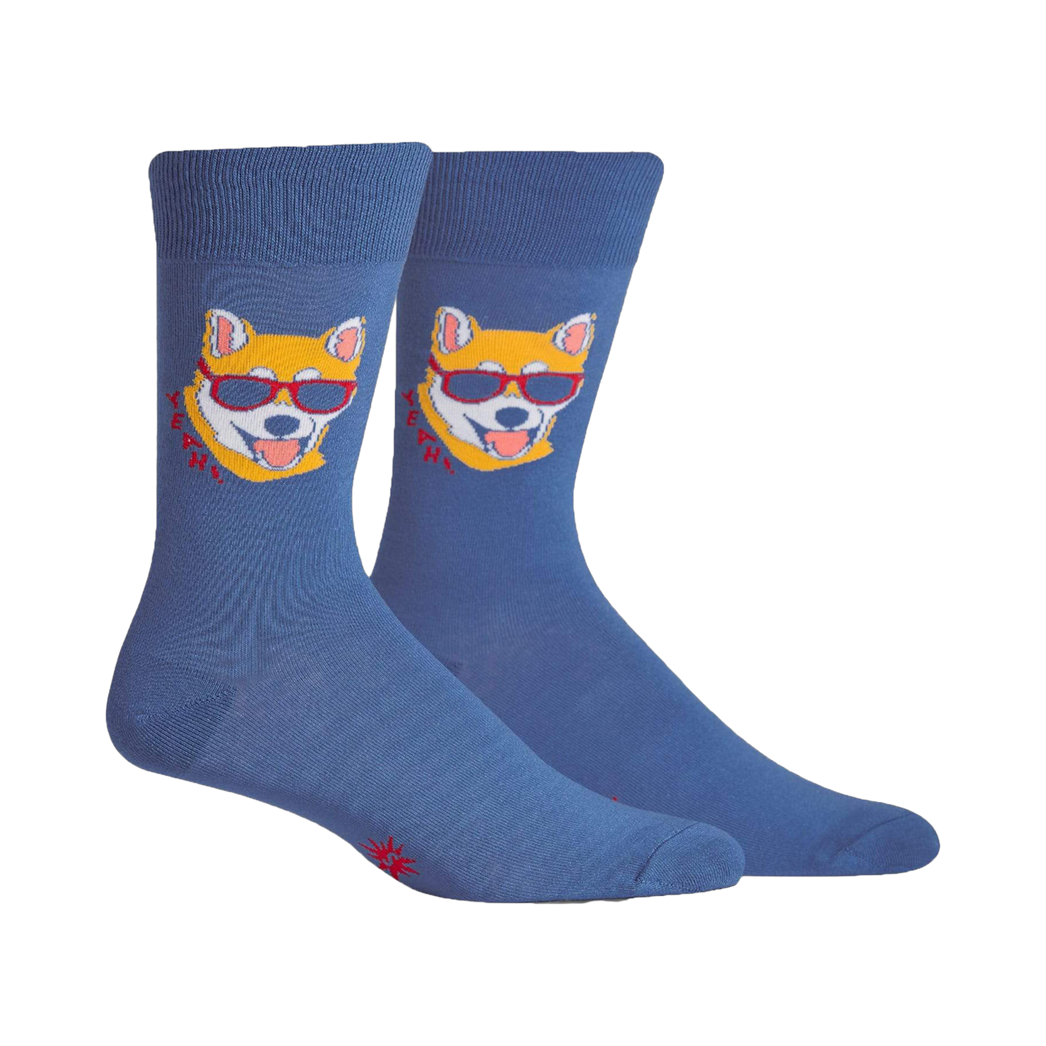Pair of denim blue crew socks. Each sock features a graphic of a Shiba Inu dog wearing sunglasses, with small 'YEAH' text next to it.