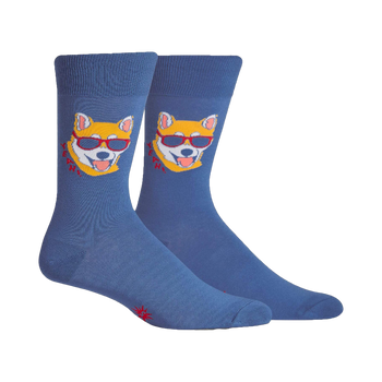 Pair of denim blue crew socks. Each sock features a graphic of a Shiba Inu dog wearing sunglasses, with small 'YEAH' text next to it.