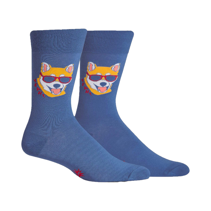 Pair of denim blue crew socks. Each sock features a graphic of a Shiba Inu dog wearing sunglasses, with small 'YEAH' text next to it. }}