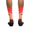Rear view of a person's legs wearing the Area 51 socks.  The socks' design is fully visible.