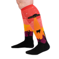 Close-up of Area 51 socks on a person's legs, showing the sock's fit and colors.