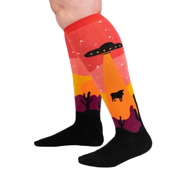 Close-up of Area 51 socks on a person's legs, showing the sock's fit and colors.