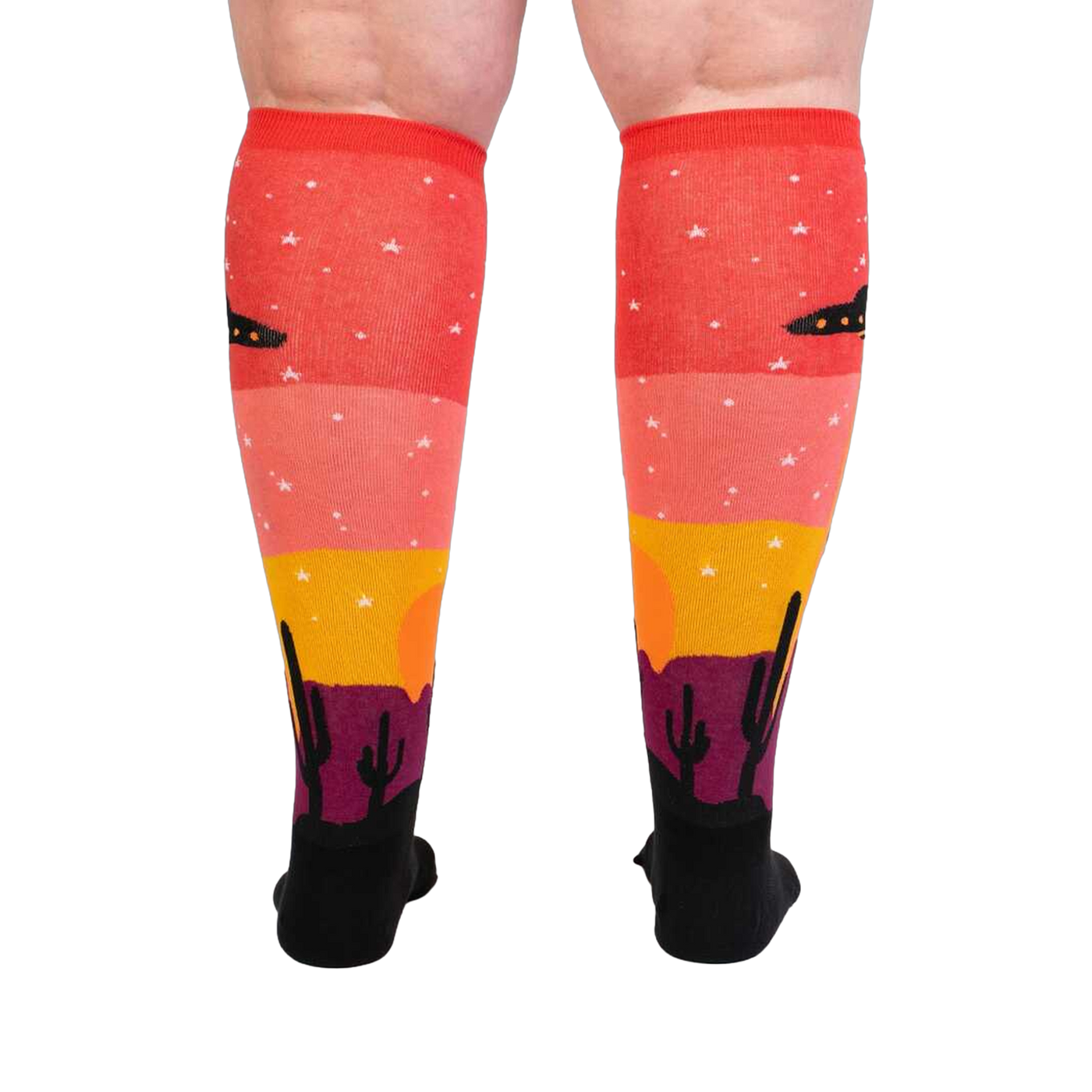 Back view of a person wearing Area 51 socks, showcasing the complete design on both socks.
