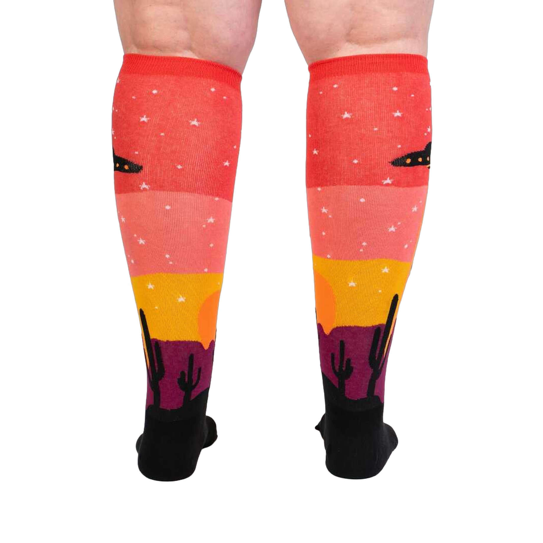 Back view of a person wearing Area 51 socks, showcasing the complete design on both socks.