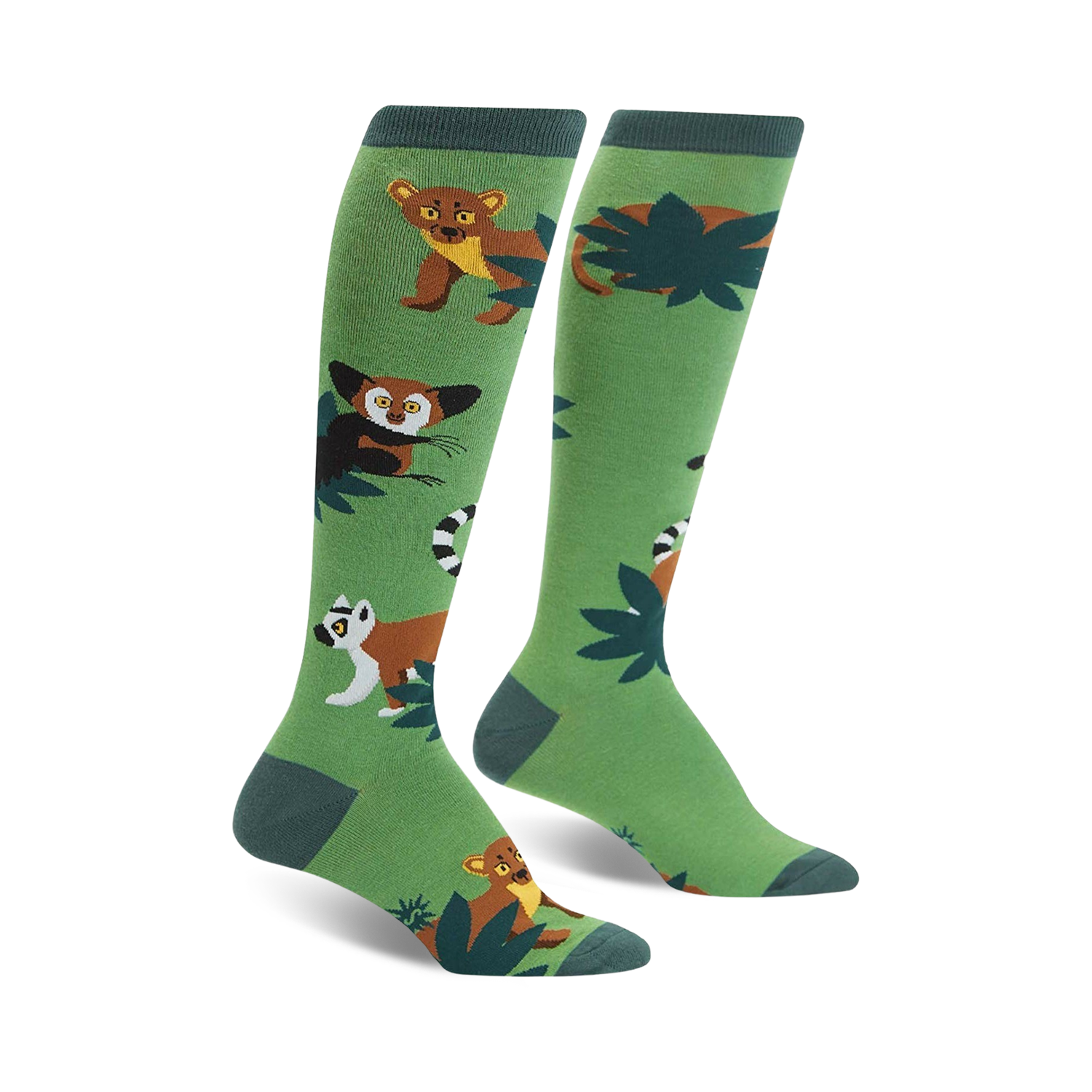 A pair of green knee-high socks with illustrated lemurs, fossa, and tropical leaves. Brown, white, and dark-green details on a bright green background.