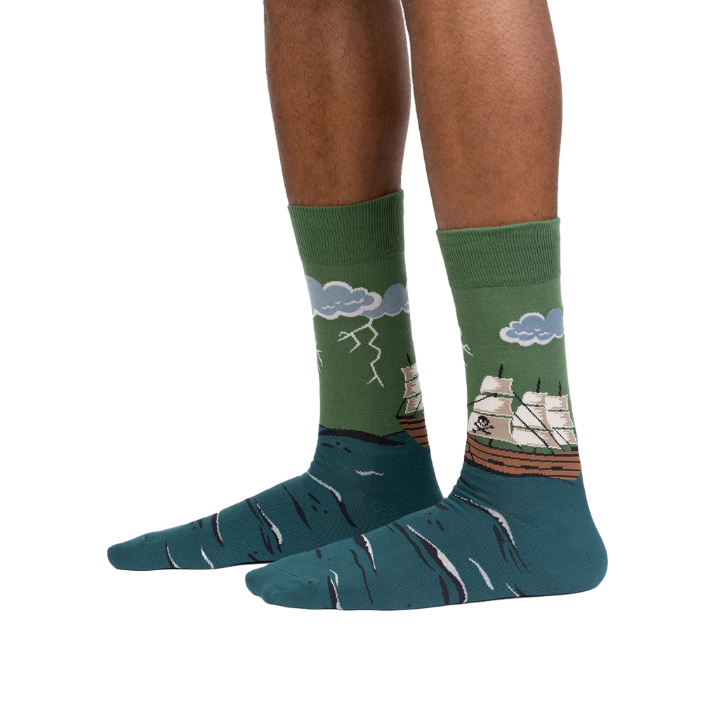 Lifestyle shot showing the socks on a person's feet, showcasing the design and fit.