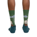 Rear view of the socks on a person's feet. Shows the back of the sock design.