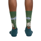 Rear view of the socks on a person's feet. Shows the back of the sock design.