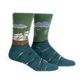 Pair of teal and green crew socks.  Design features a sailing ship encountering stormy seas and lightning.