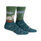 Pair of teal and green crew socks.  Design features a sailing ship encountering stormy seas and lightning.