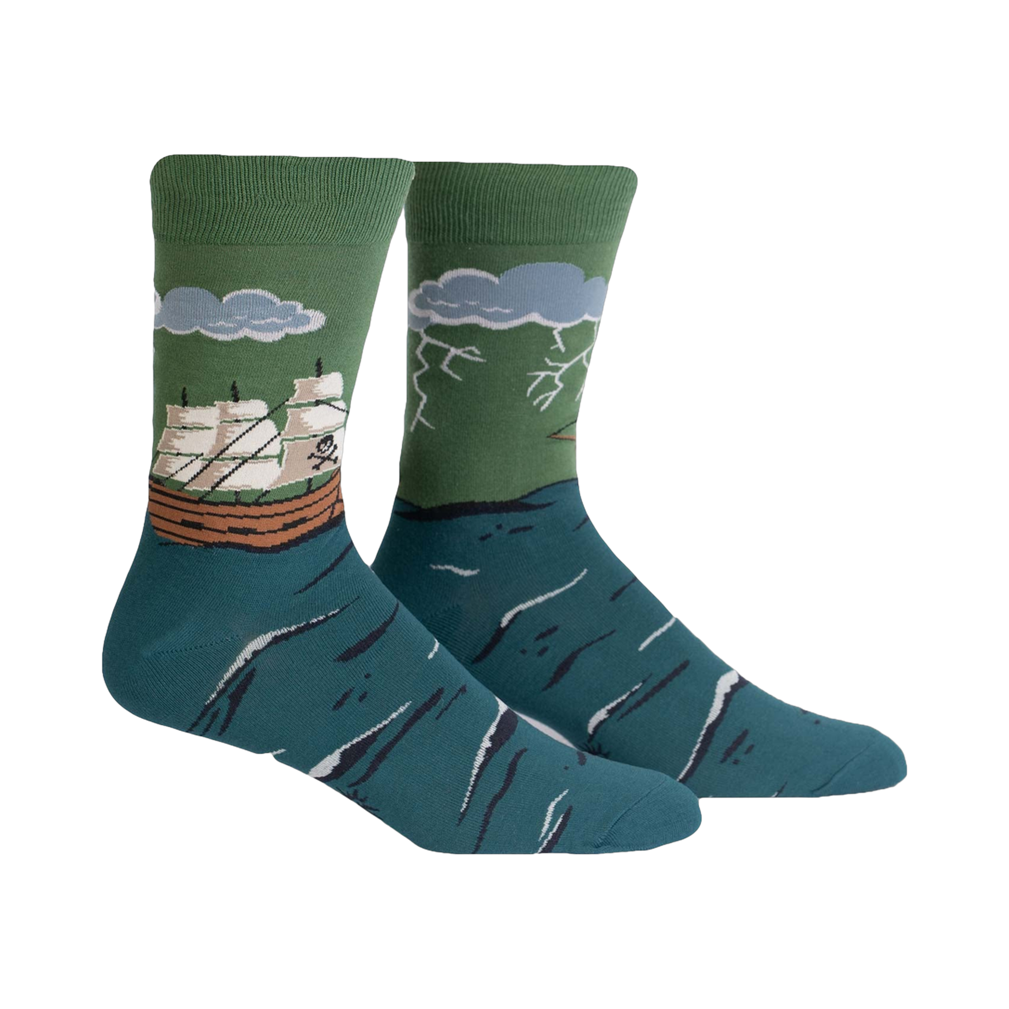 Pair of teal and green crew socks.  Design features a sailing ship encountering stormy seas and lightning.