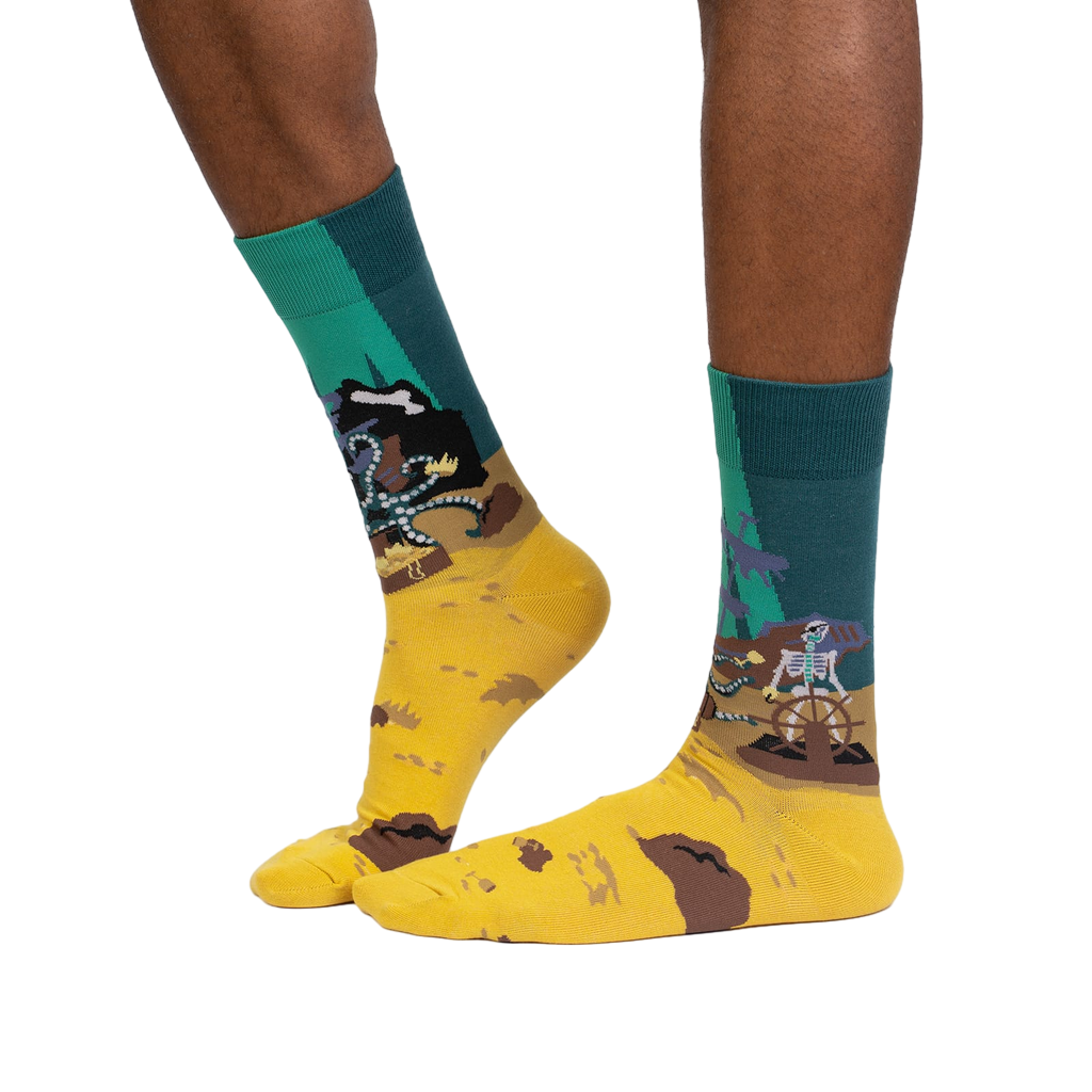 Lifestyle shot of a person wearing the Skeleton Crew socks, showing how they look when worn.