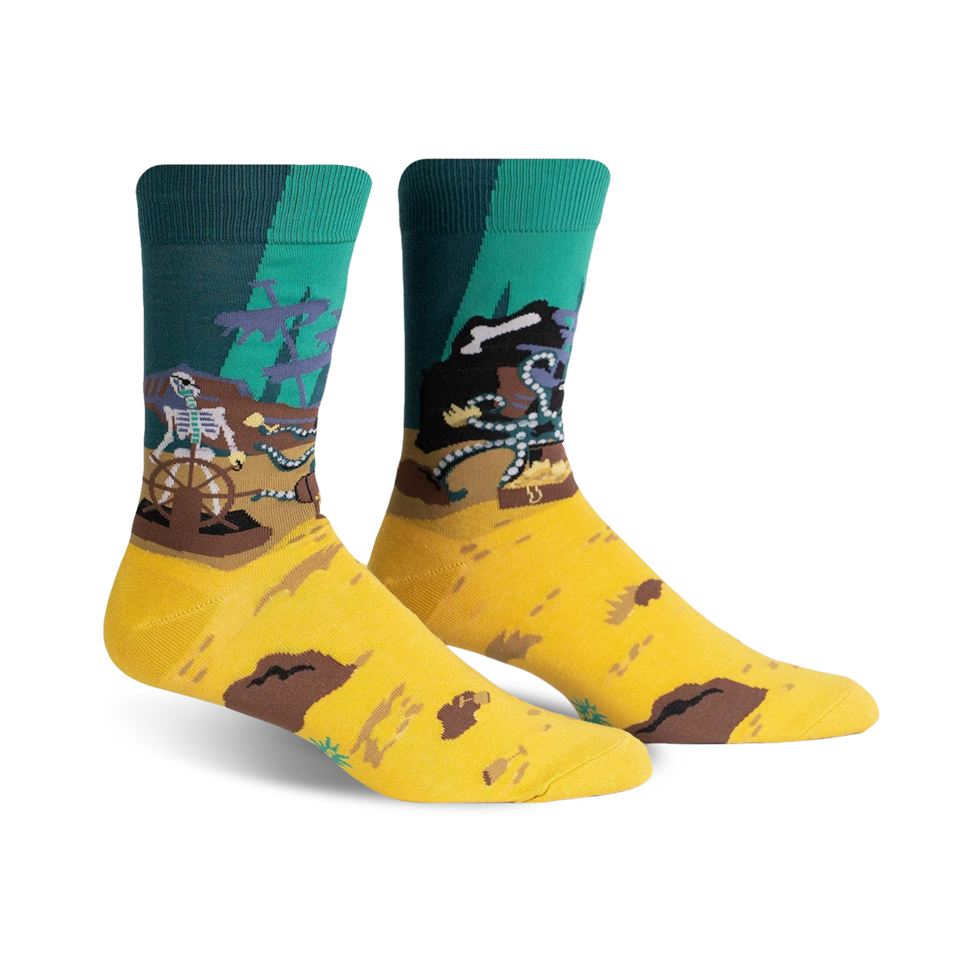 Pair of crew socks in teal, mustard yellow, and brown. Design features a skeleton pirate at the helm of a ship with treasure.