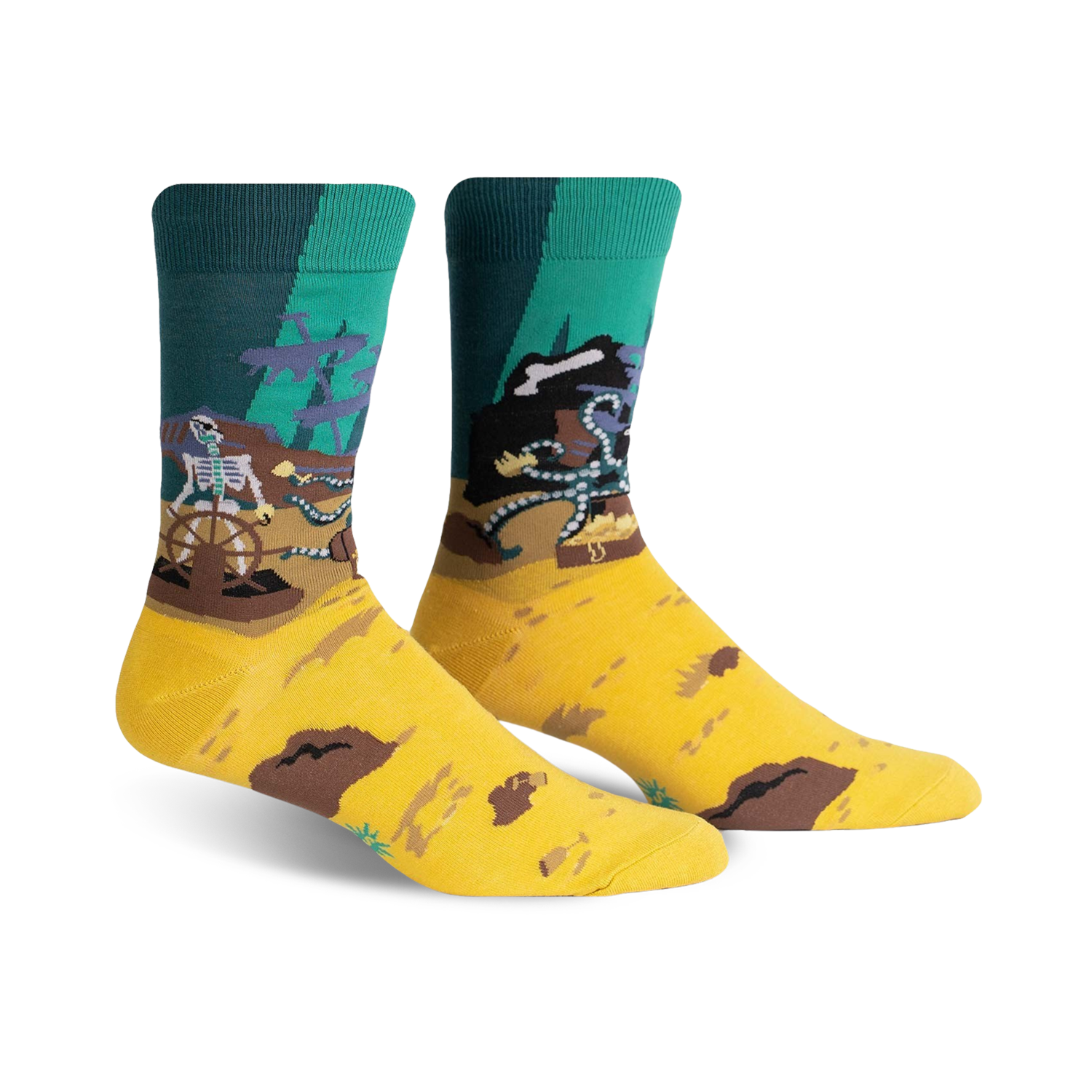 Pair of crew socks in teal, mustard yellow, and brown. Design features a skeleton pirate at the helm of a ship with treasure.