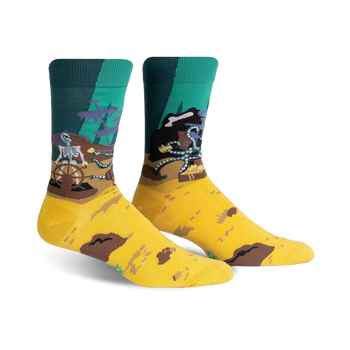 yellow crew socks with pattern of skeletons in pirate hats surrounded by treasure. mens size.   