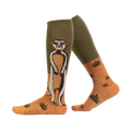 Person's legs wearing Meerkat Manner knee-high socks; shows sock fit and style on a model.