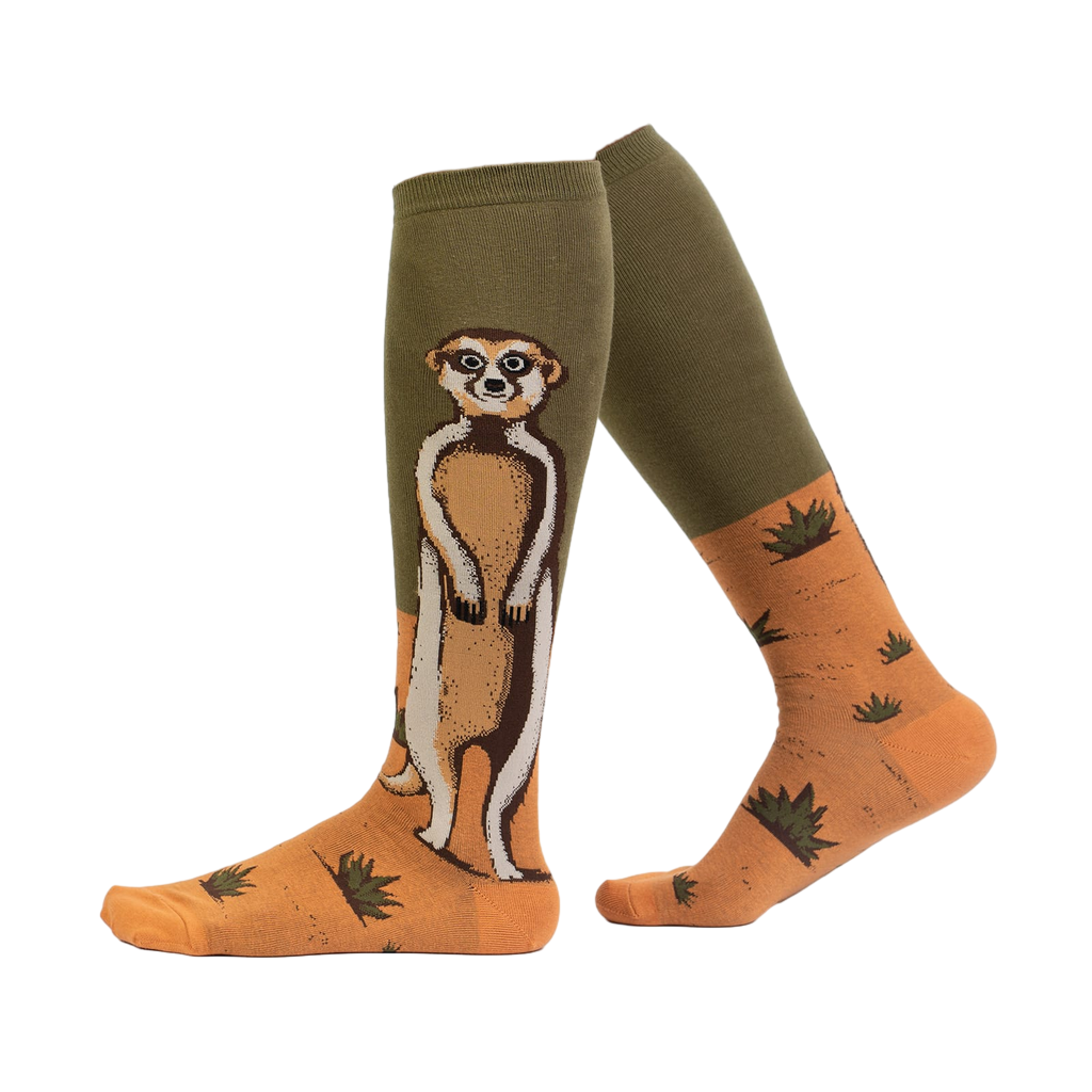Person's legs wearing Meerkat Manner knee-high socks; shows sock fit and style on a model.