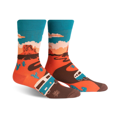 mens monument valley crew socks with desert landscape and blue van design.  