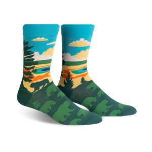 mens crew socks in green, blue, orange, and black with pine trees, bears, and mountains.  