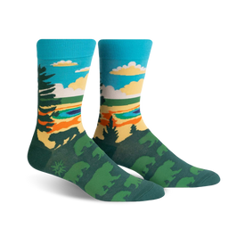 mens crew socks in green, blue, orange, and black with pine trees, bears, and mountains.  